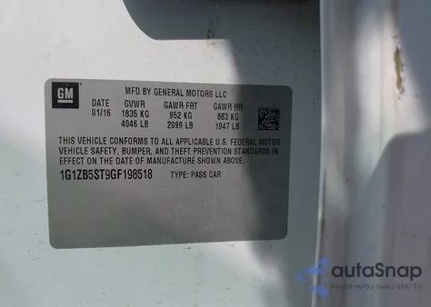 2016 Chevrolet Malibu Ls z USA, uszkodzony, nr VIN 1G1ZB5ST9GF198518